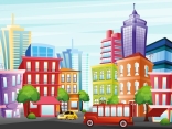 Иллюстрация городской улицы с забавными красочными зданиями, небоскребами, деревьями, такси и автобусом на легком фоне неба в плоском мультипликационном стиле.
